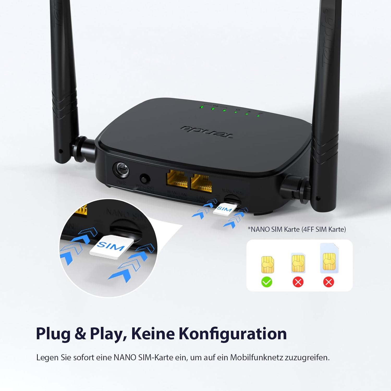 Tenda 4G03 Pro 4G LTE Router — WLAN Router für Nano-SIM-Karten (N300, 150 Mbit/s im Download, 300 Mbit/s 2,4 GHz)