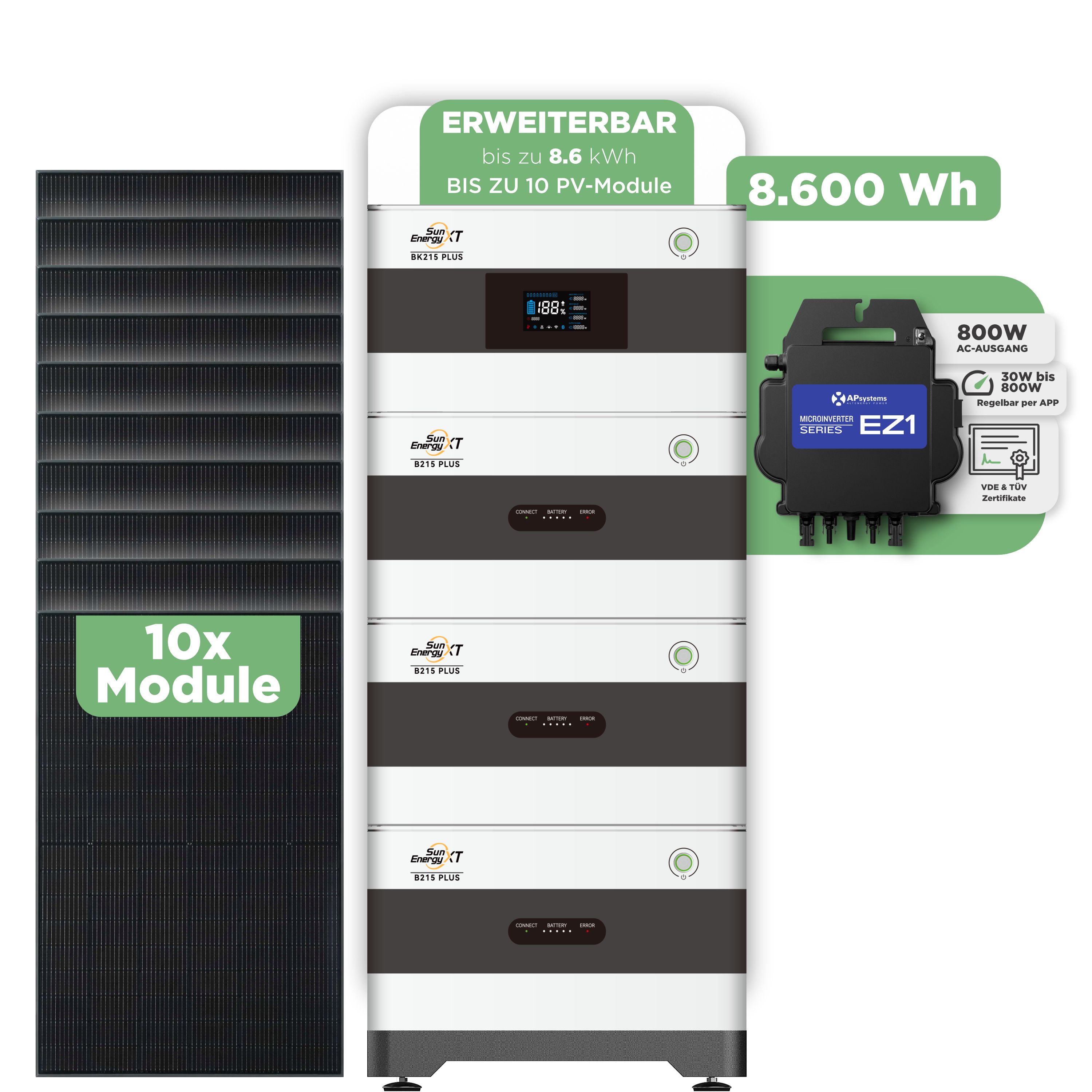 SunEnergyXT BK215 Plus Balkonkraftwerkspeicher — 8.600 Wh / 800 W (Apsystems EZ1-M) / 10 x Trina 440 Wp Bifazial