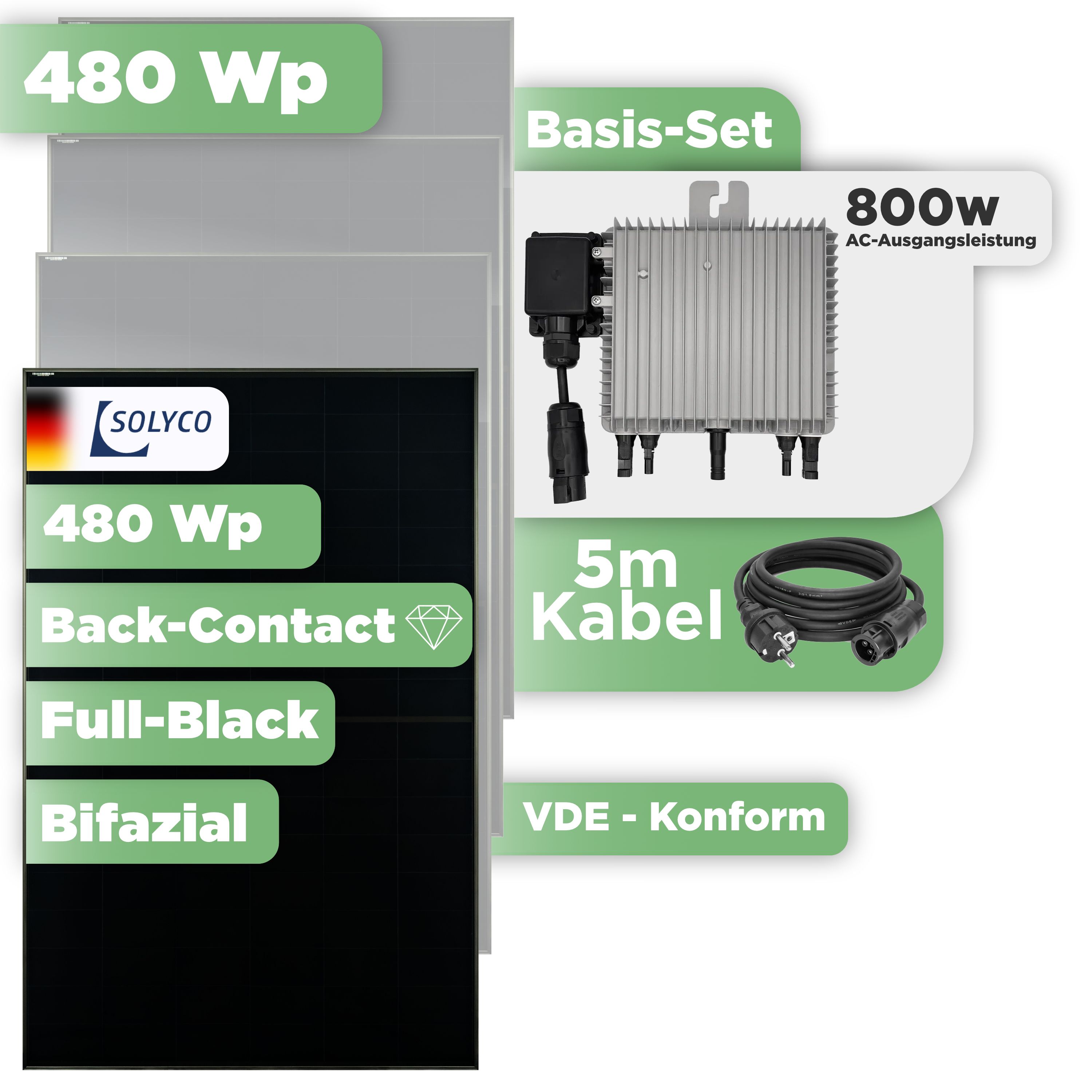 Balkonkraftwerk Basic Set 480 Wp — Solyco 480 Wp Glas-Glas Fullblack Back Contact Modul  / 1 Modul / Deye 800 W / Schuko Stecker / 5 m