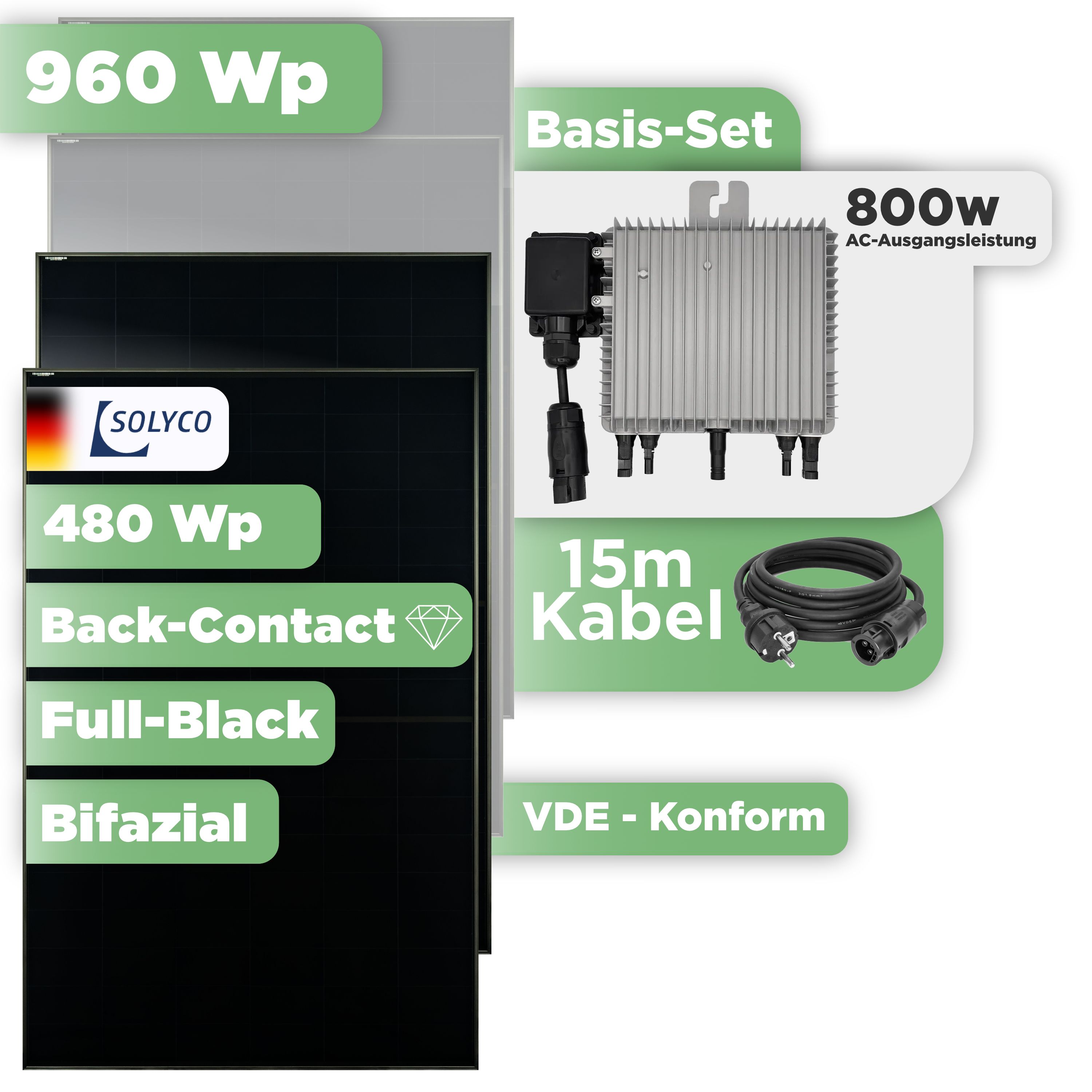 Balkonkraftwerk Basic Set 960 Wp — Solyco 480 Wp Glas-Glas Fullblack Back Contact Modul  / 2 Module / Deye 800 W / Schuko Stecker / 15 m
