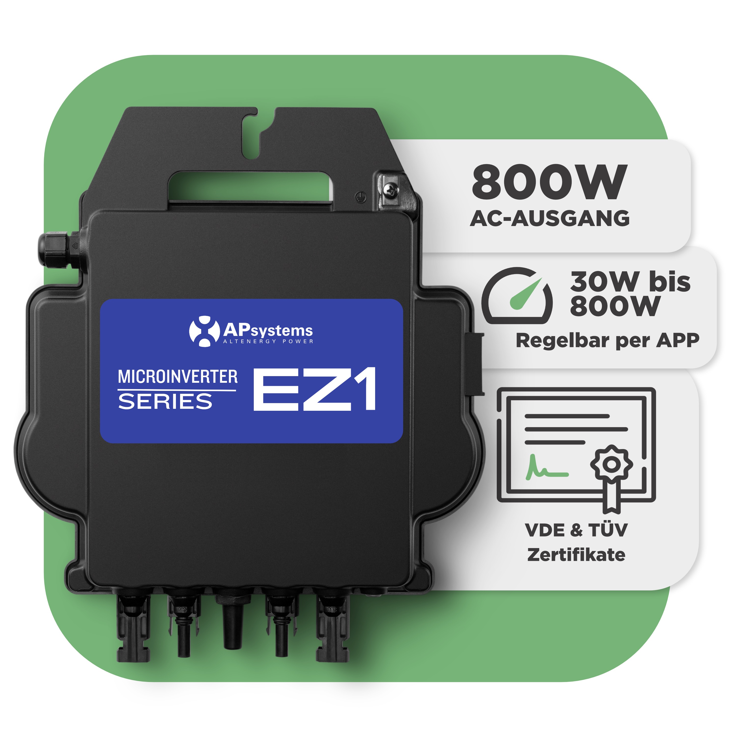 Balkonkraftwerk Basic Set 440 Wp — Trina 440 Wp Glas-Glas Bifazial Modul / 1 Modul / APSystems EZ1-M (bis 800 W) / Schuko Stecker / 5 m