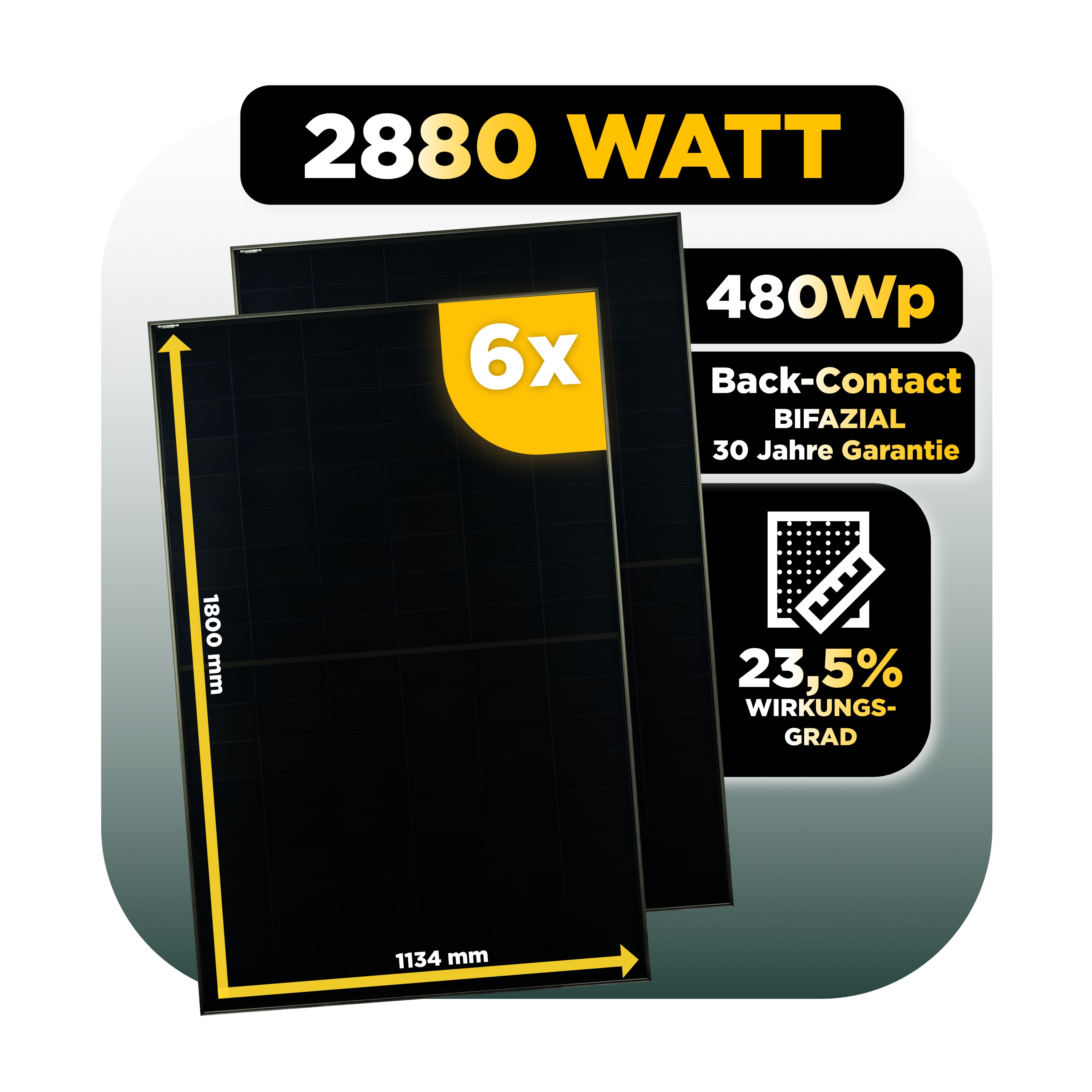 SunEnergyXT Erweiterungsset — 6.450 Wh / Solyco 480 Wp Glas-Glas Fullblack Back Contact Modul  / 6 Module / 6 x Universalhalterung
