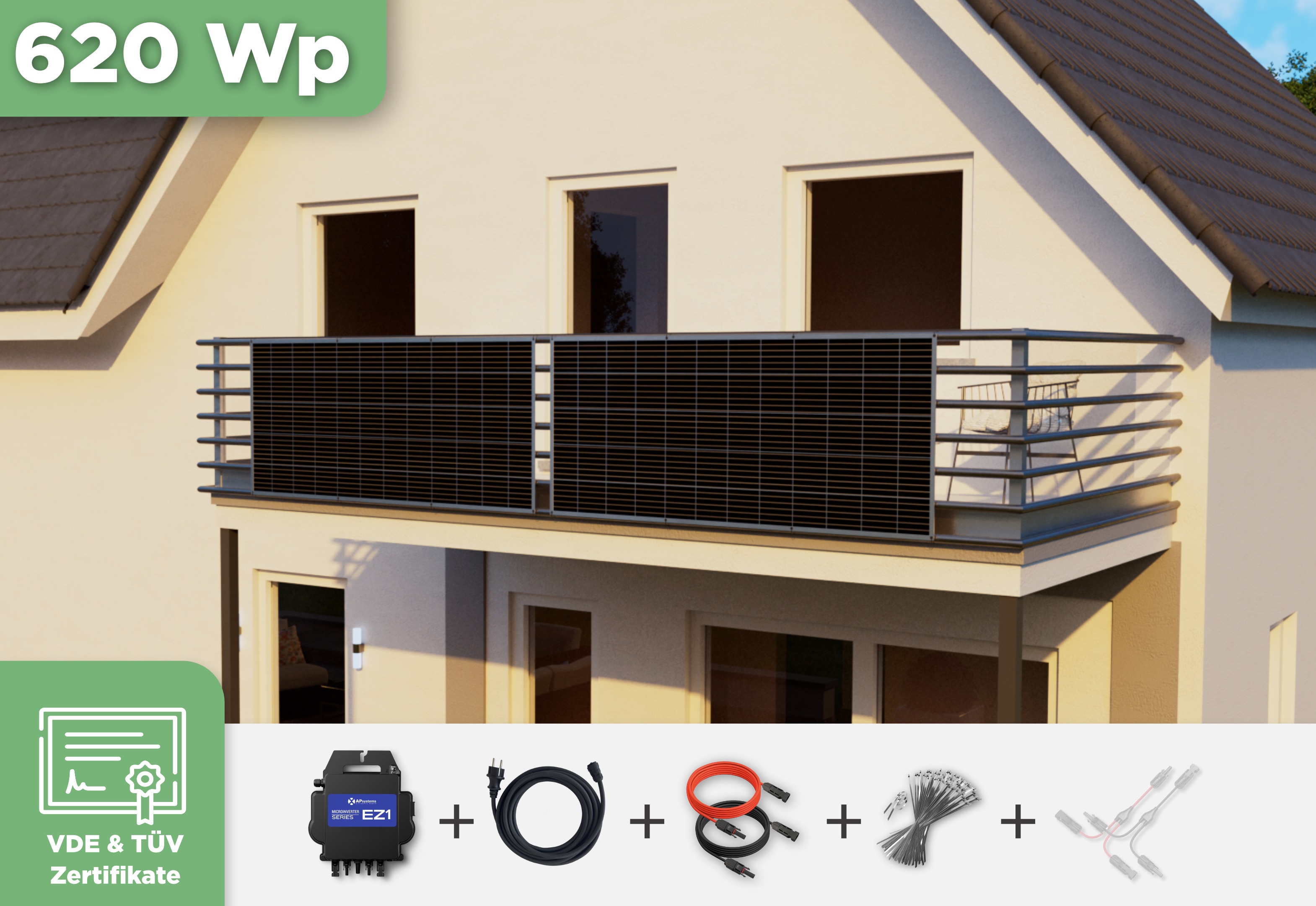 Balkonkraftwerk mit Ultraleicht-Modulen 620 Wp — APsystems EZ1-M 800 W / Sunman / 310 Wp (89 cm x 201 cm) / 2 Module / 5 m