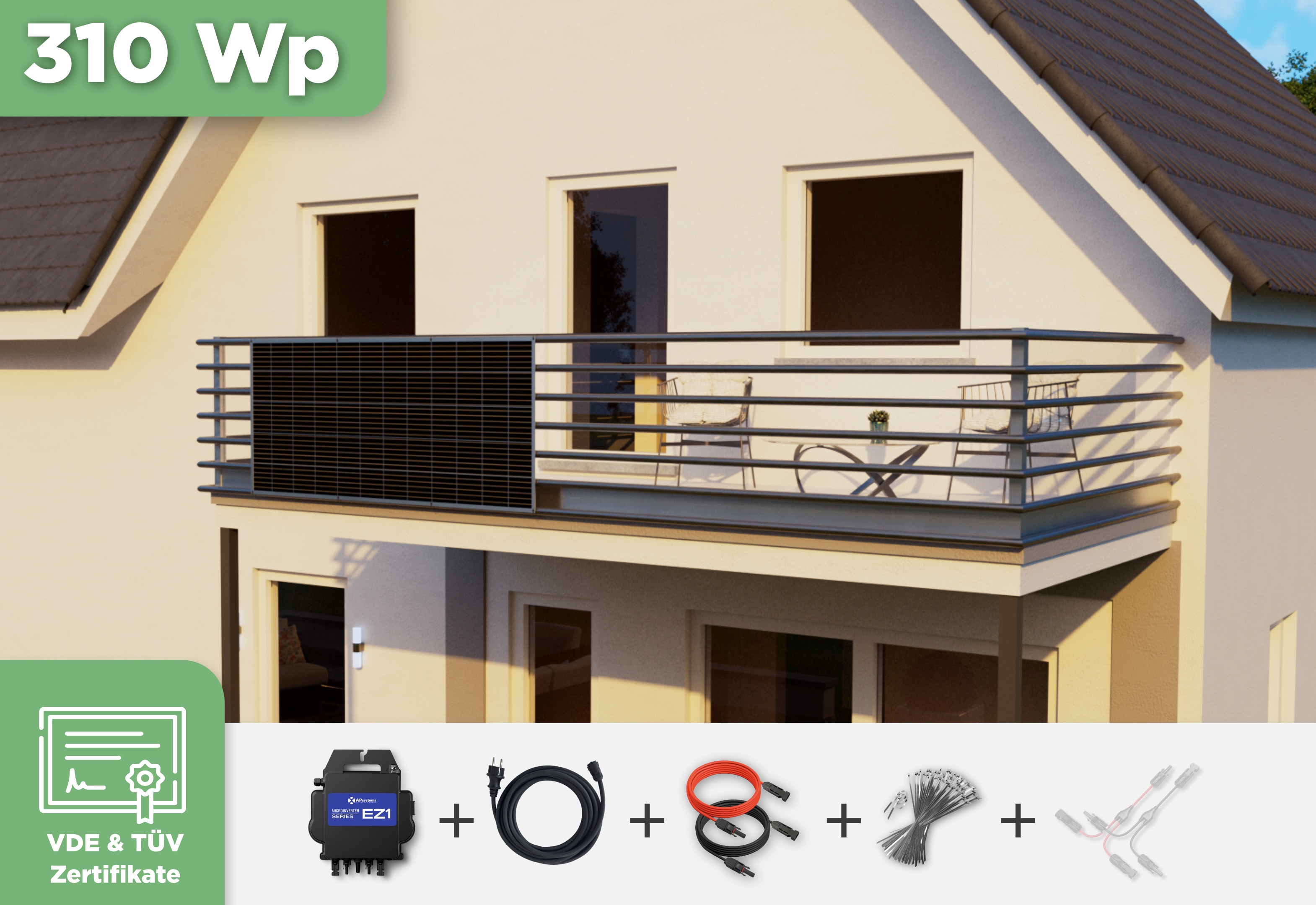 Balkonkraftwerk mit Ultraleicht-Modulen 310 Wp — APsystems EZ1-M 800 W / Sunman / 310 Wp (89 cm x 201 cm) / 1 Modul / 5 m