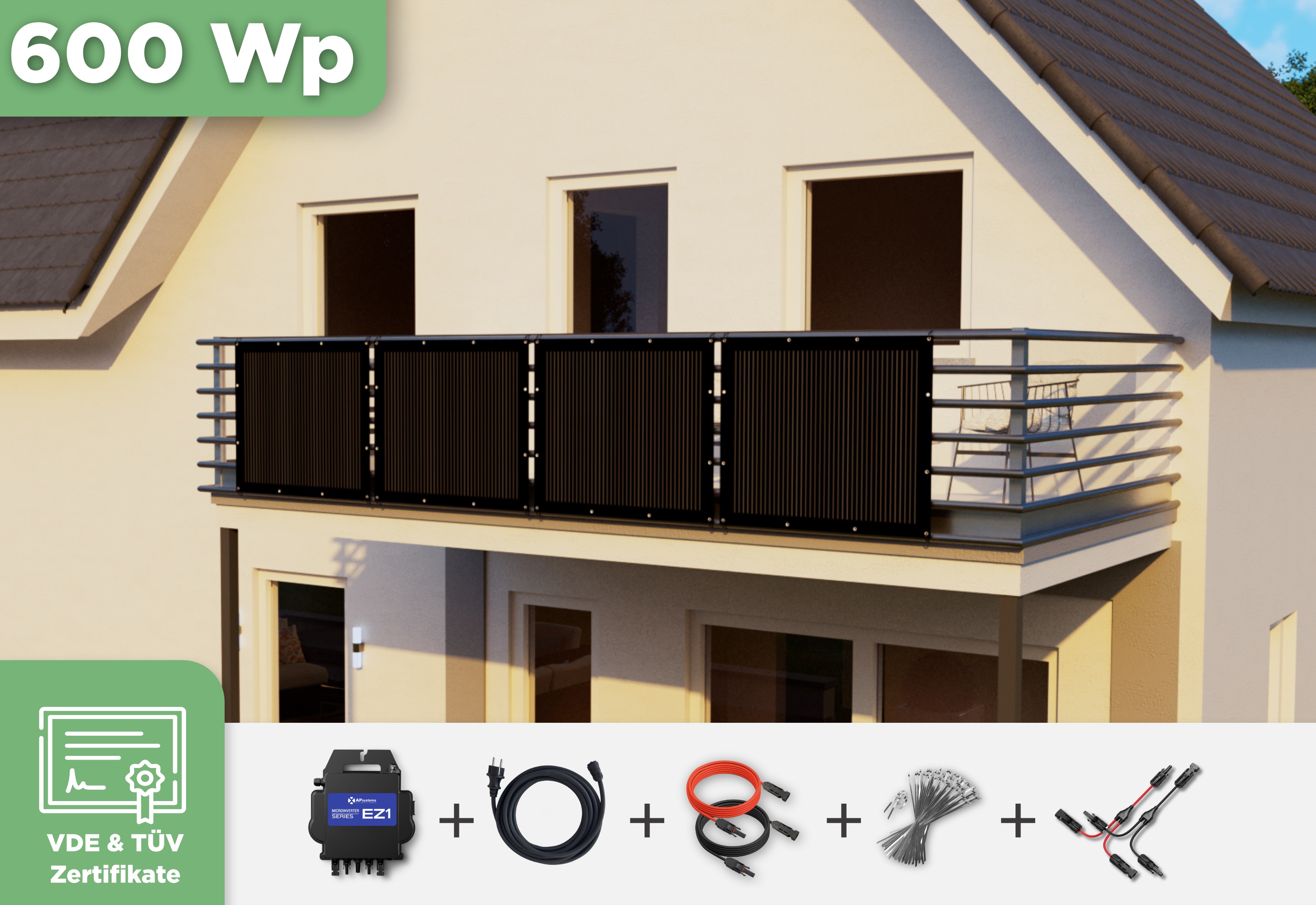 Balkonkraftwerk mit Ultraleicht-Modulen 600 Wp — APsystems EZ1-M 800 W / Sunman / 150 Wp (89 cm x 102 cm) / 4 Module / 5 m