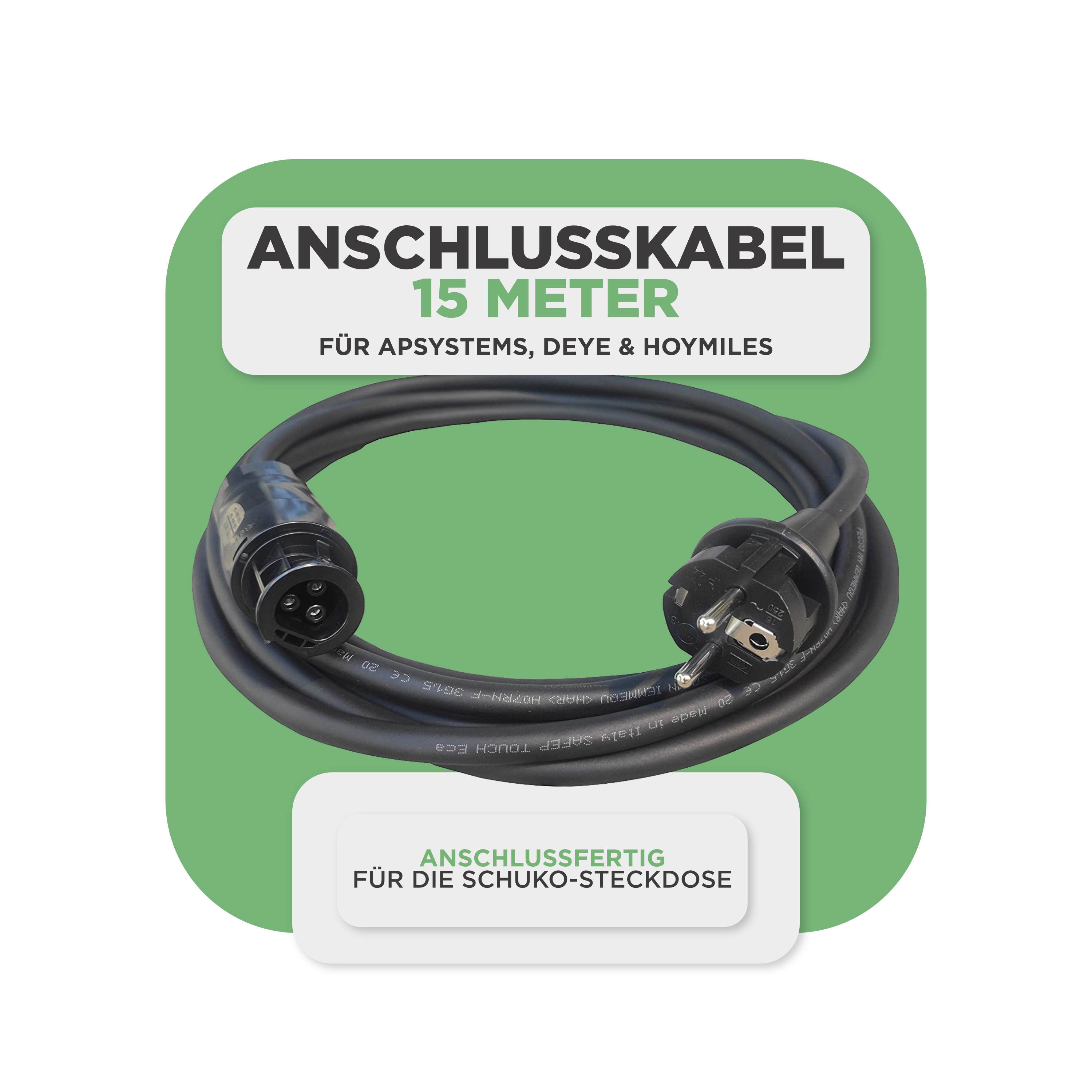 Balkonkraftwerk Basic Set 2000 Wp — Solyco 500 Wp Glas-Glas Fullblack-Modul Bifazial / 4 Module / Deye 2000 W / Schuko Stecker / 15 m