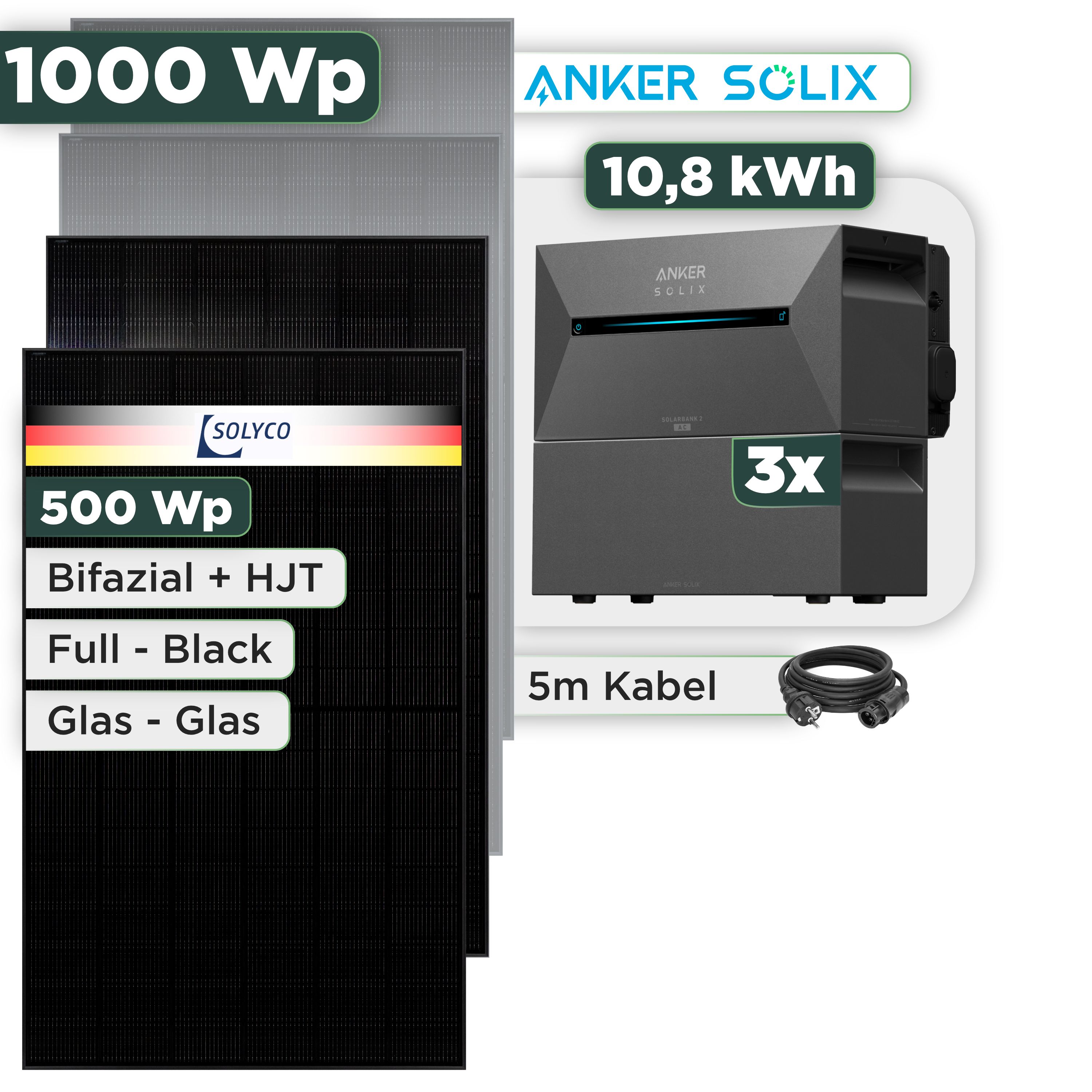 Balkonkraftwerk Set 1000 Wp — Anker Solarbank 3 Pro / 10,8 kWh / Solyco 500 Wp Glas-Glas Fullblack-Modul Bifazial / 2 Module / Schuko Stecker / 3 m